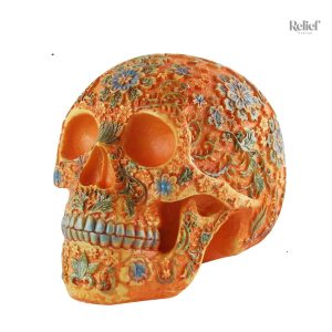 Crâne décoratif mexicain orange de 15 cm pour une touche colorée