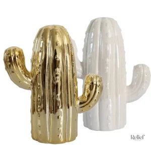 Cactus en céramique blanc et doré pour décoration intérieure