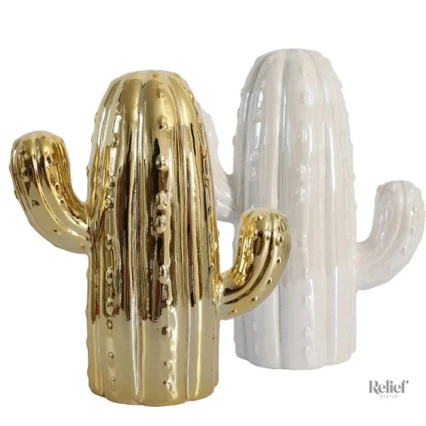Cactus en céramique blanc et doré pour décoration intérieure
