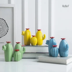 Cactus déco moderne vert, jaune, bleu (lot de 3)