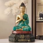 Statue Bouddha Amitabha verte et dorée 23 cm