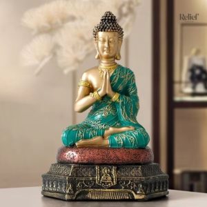 Statue Bouddha Amitabha verte et dorée 23 cm