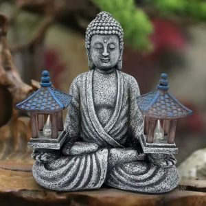 Statue Bouddha assis 21 cm avec luminaire pour extérieur