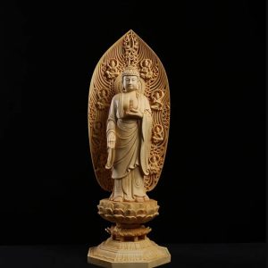 Statue Bouddha en bois, 43 cm, artisanale et élégante