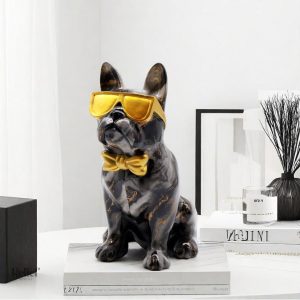Statue bouledogue en marbre avec lunettes, 25 cm