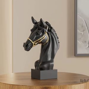 Buste cheval noir et doré en sculpture de 30 cm
