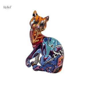 Statue chat assis en résine graffiti 16 cm, décoration colorée