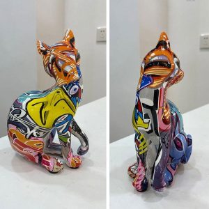 Chat en résine, assis, style graffiti, 16 cm, accessoire design