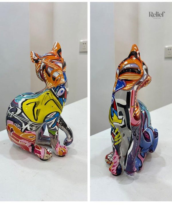 Chat en résine, assis, style graffiti, 16 cm, accessoire design