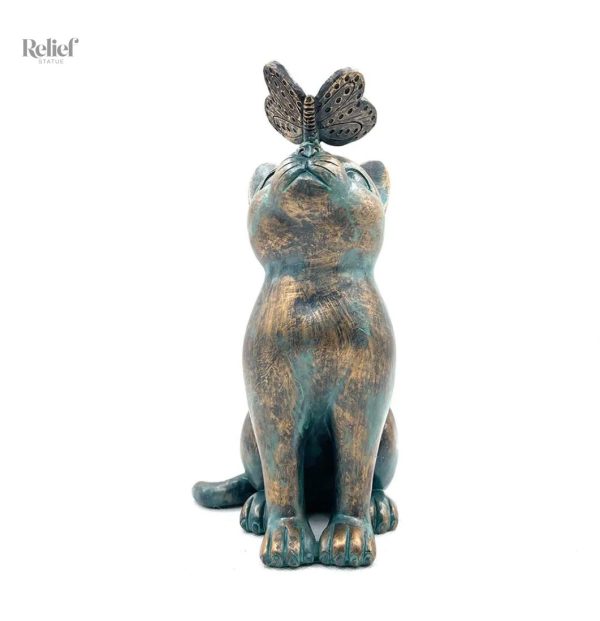 Décoration extérieure : chat avec papillon, 20 cm