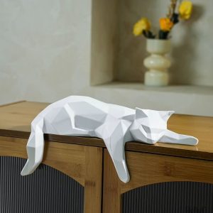 Statue chat couché origami blanc 15 cm
