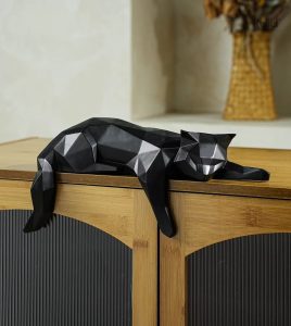 Statue chat origami noir 15 cm, style moderne et épuré