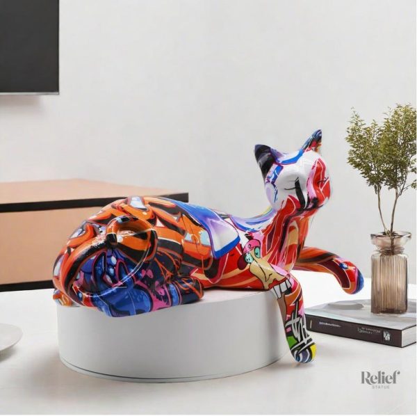 Statue artistique de chat, résine, design graffiti