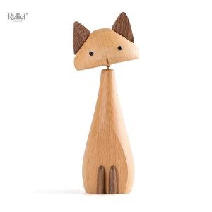 Statue chat en bois nordique 16 cm, déco minimaliste