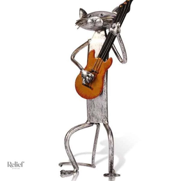 statue-chat-en-metal-guitare-30-cm-1 Statue chat musicien en métal avec guitare