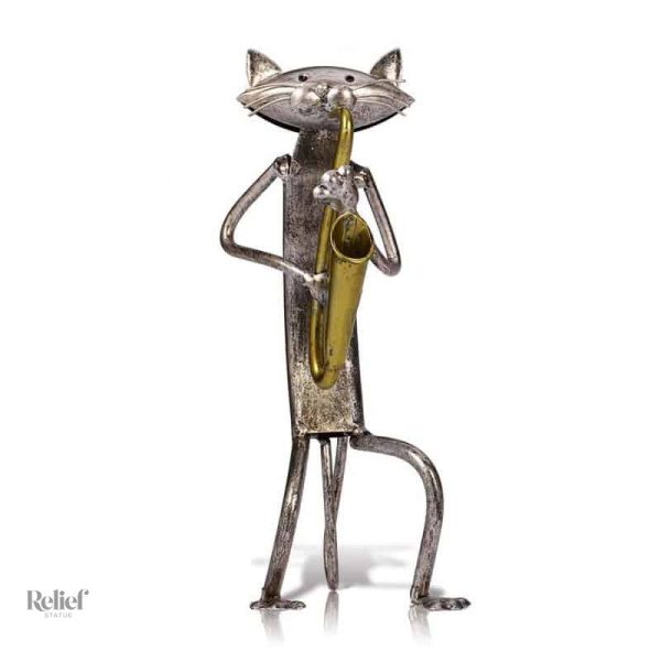 Statue de chat en métal saxophoniste 24 cm