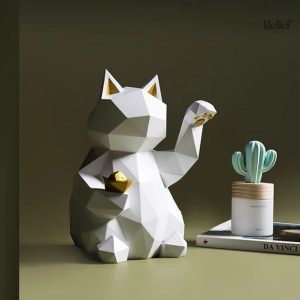Statue chat origami blanche 24 cm en style minimaliste
