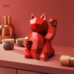 Statue chat origami rouge 24 cm en décoration moderne