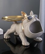 Statue bouledogue gris avec plateau, hauteur 20 cm