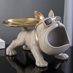Statue bouledogue gris avec plateau, hauteur 20 cm