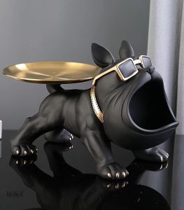 Statue bouledogue noir avec plateau, 20 cm de haut