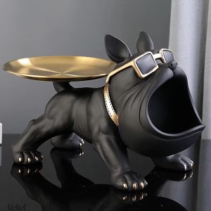Statue bouledogue noir avec plateau, 20 cm de haut