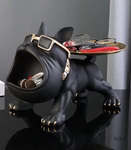 Décoration bouledogue noir, statue avec plateau décoratif
