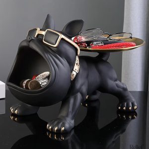 Décoration bouledogue noir, statue avec plateau décoratif