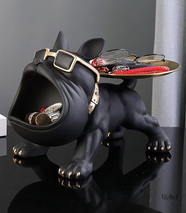 Décoration bouledogue noir, statue avec plateau décoratif