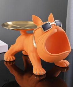 Statue bouledogue orange avec plateau, 20 cm de hauteur