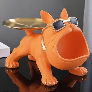 Statue bouledogue orange avec plateau, 20 cm de hauteur