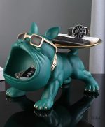 Statue bouledogue vert avec plateau, 20 cm de hauteur