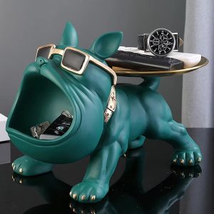 Statue bouledogue vert avec plateau, 20 cm de hauteur