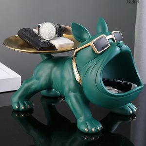 Bouledogue vert décoratif avec plateau, taille 20 cm