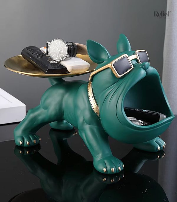 Bouledogue vert décoratif avec plateau, taille 20 cm