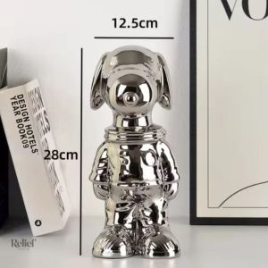 Statue chien cosmonaute en aluminium anodisé gris 28 cm