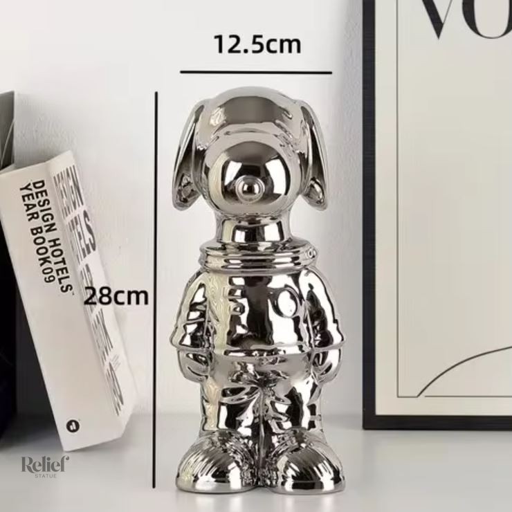 Statue chien cosmonaute en aluminium anodisé gris 28 cm