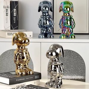 Chien cosmonaute décoratif, couleur gris anodisé, 28 cm