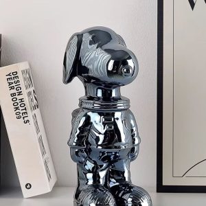 Statue chien cosmonaute anodisé noir, 28 cm de hauteur