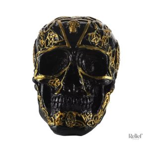 Crâne décoratif noir et doré, modèle mexicain 12 cm