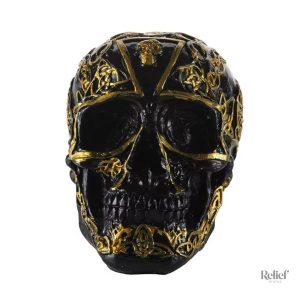 Crâne décoratif noir et doré, modèle mexicain 12 cm