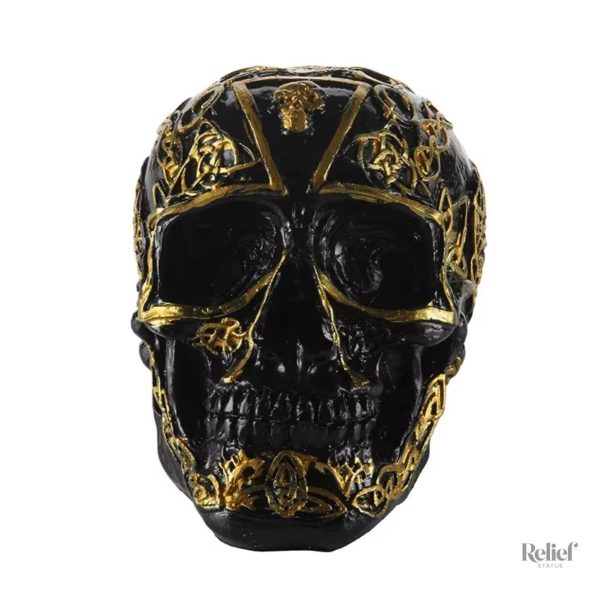 Crâne décoratif noir et doré, modèle mexicain 12 cm
