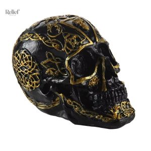 Statue de crâne noir avec accents dorés, 12 cm