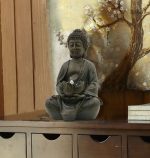 Statue Bouddha 21 cm, éclairage LED, parfaite pour espace extérieur