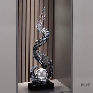 Statue abstraite grise en forme de vague avec perle - 70 cm