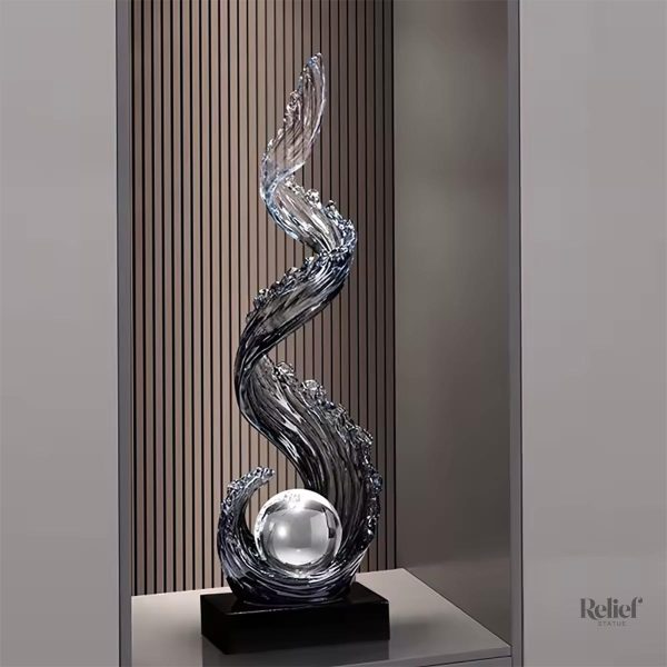 statue-design-abstraite-grise-vague-avec-perle-70-cm-1 Statue abstraite grise en forme de vague avec perle - 70 cm