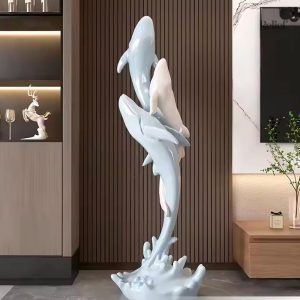 Statue design baleines en résine blanche et bleue 80 cm