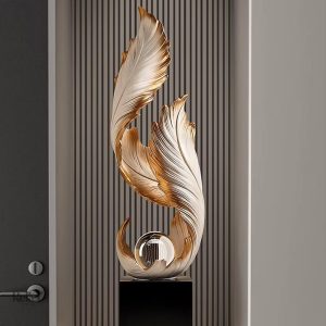 Statue moderne de 68 cm, plume décorative sur socle chic