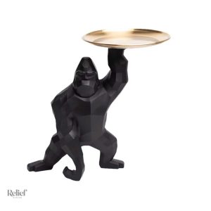 Statue gorille noir avec plateau, 33 cm de hauteur