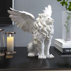 Statue lion ailé blanche 27 cm, décoration élégante
